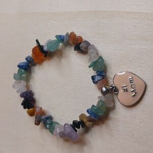 Rainbow Flourite Crystals Chipped Beads Stretch Bracelet Enameled #1 Mom Charm